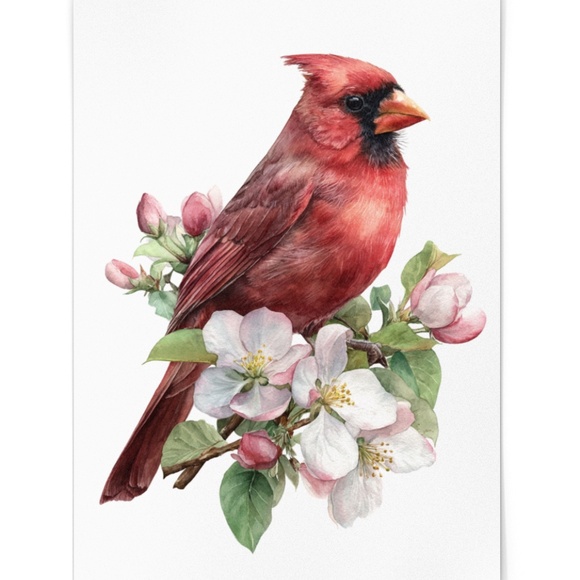 Watercolor Red Cardinal Bird with Flowers Wall Art Print Unframed - Picture 2 of 6